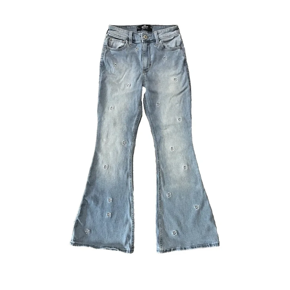 Hollister High Rise‎ Vintage Flare Jeans Womens Sz 2s Floral Hippie Skater Boho
